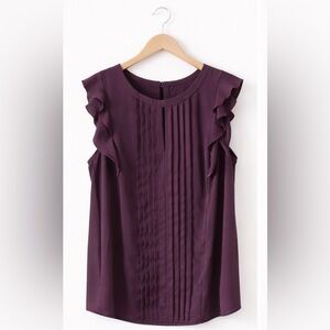 Elle Plum Ruffle Sleeve Blouse XL | Pleated Front Keyhole Top Elegant